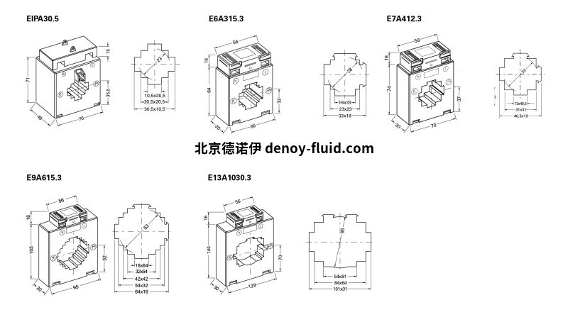 Janitza用于计费的塑壳电流互感器，等级0.5尺寸表